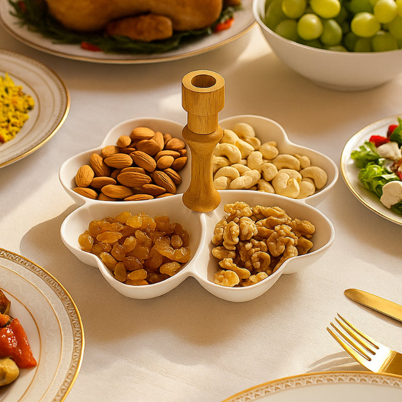 Ceramic Divided Snack Bowl With Center Handle