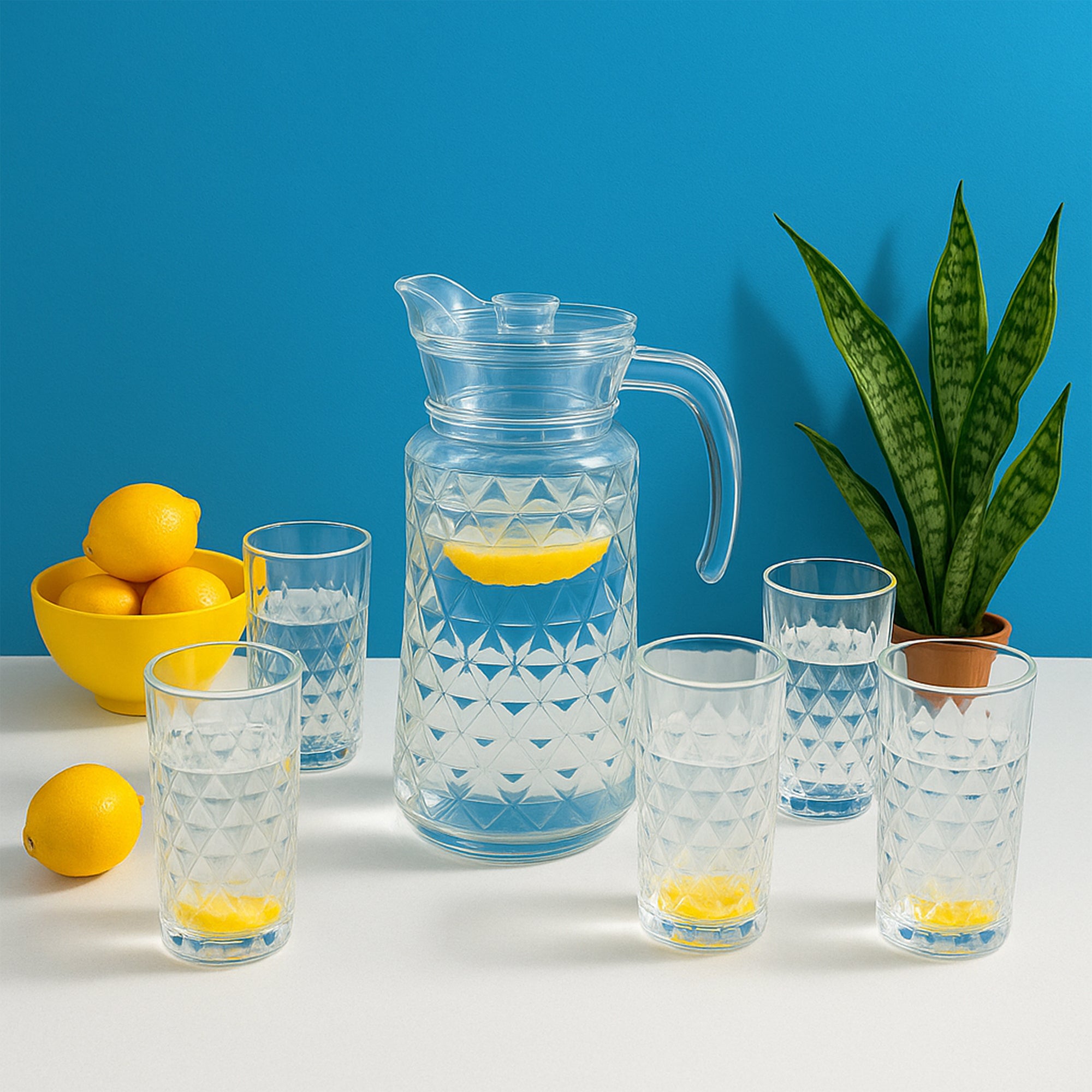 Refined Cut Glass Jug With 6 Pc Tumbler