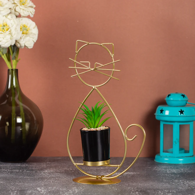 Decorative Metal Cat With Artificial Flower Pot