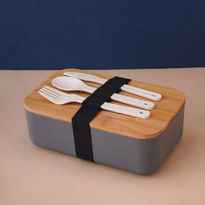 Wheat Straw Lunch Box with Wooden Lid & Cutlery Set Lunch Boxes June Trading Stone Grey