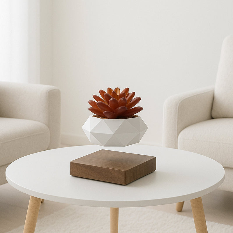 Magnetic Levitating Bonsai Geometric Pot With Wood Grain Base
