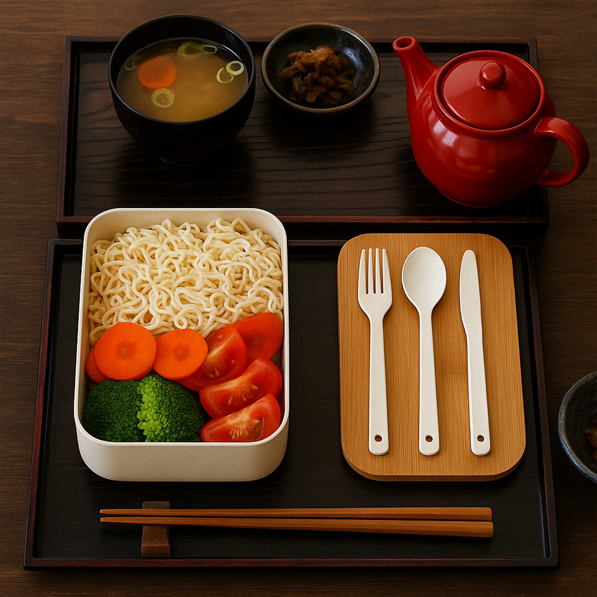 Wheat Straw Lunch Box with Wooden Lid & Cutlery Set