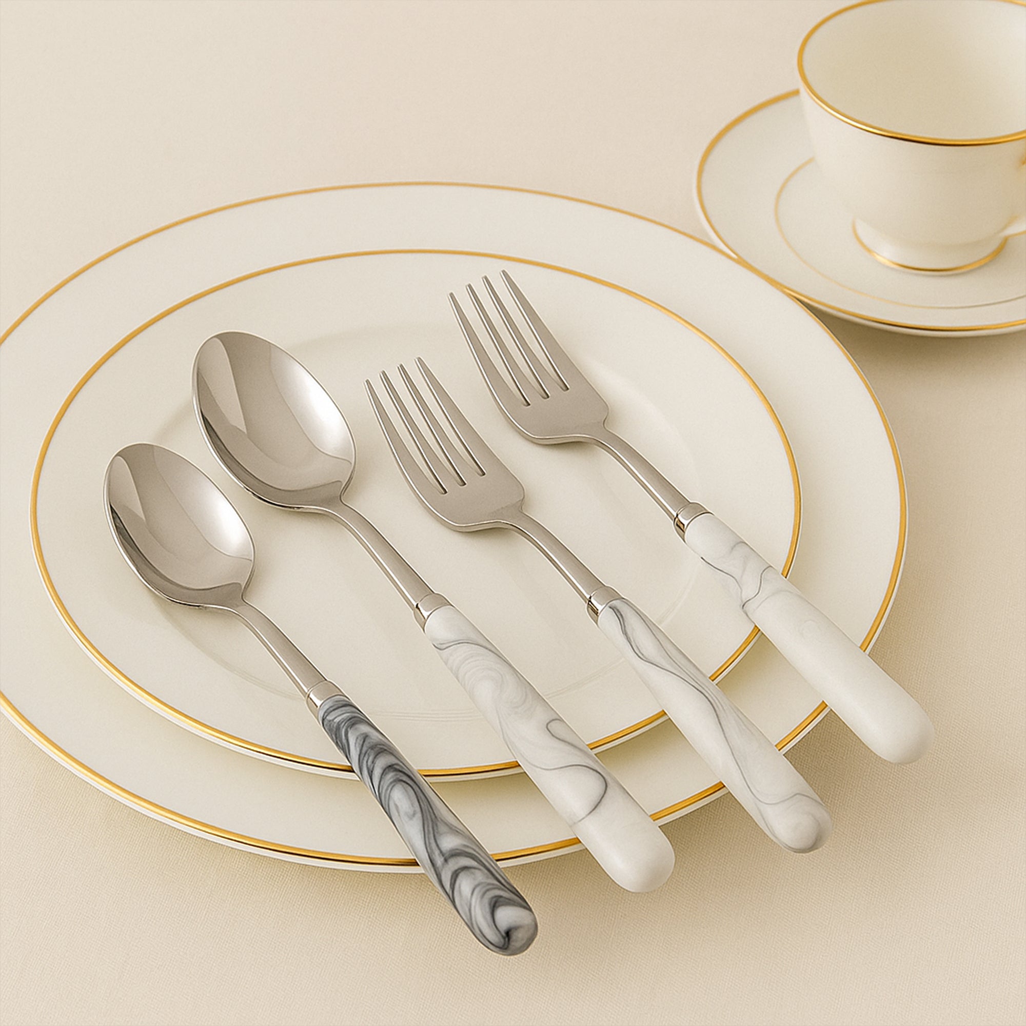 Spoon & Fork Set - White & Black Marble Tone
