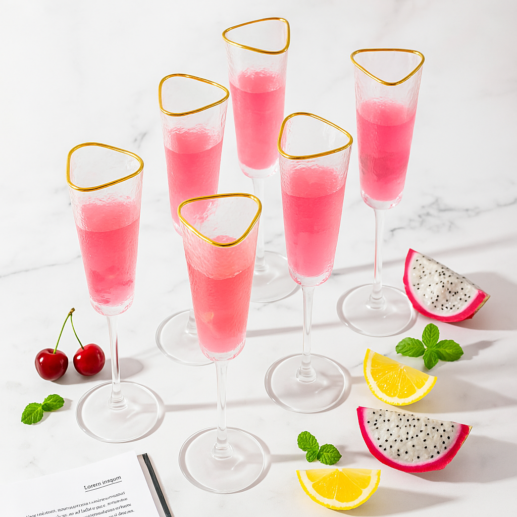 Gold Rimmed Clear Champagne Flute Stemware, Hammered Style