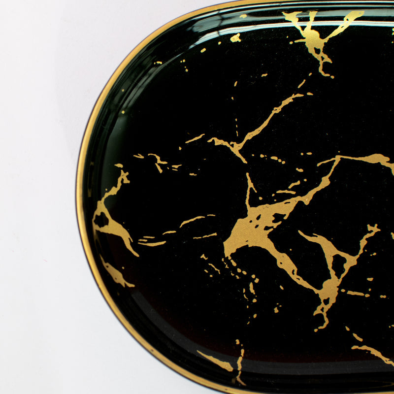 Gold On Black Marble Round Snack Platter Serving Tray June Trading