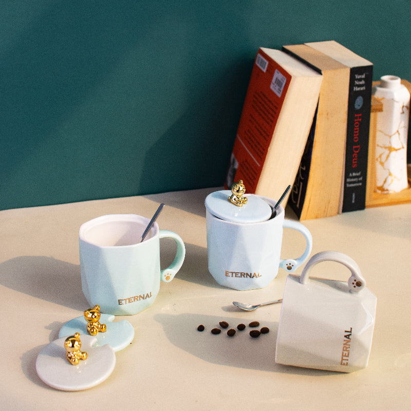 Cute Teddy Coffee Cup With Lid & Spoon Coffee Mugs June Trading