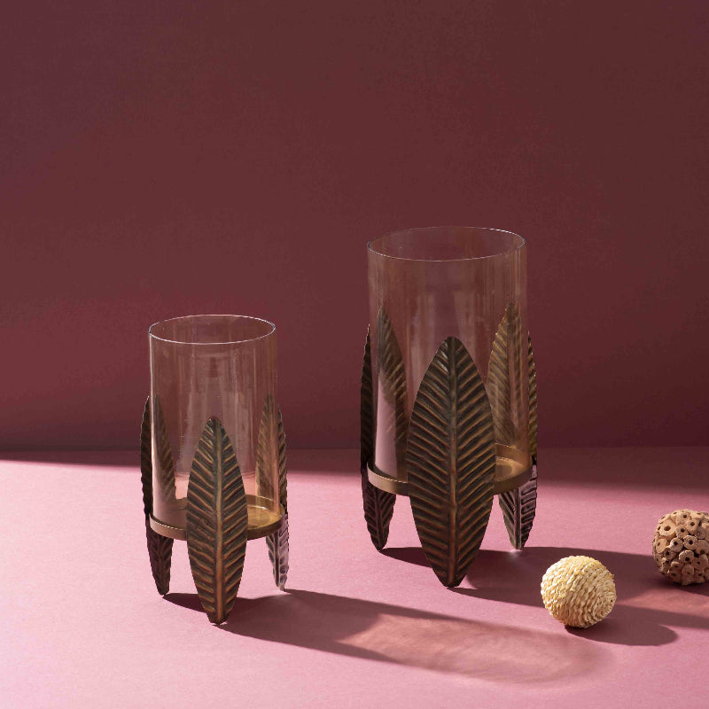 Antique Brass Iron Candle Stand With Leaf Motif (Set Of 2)