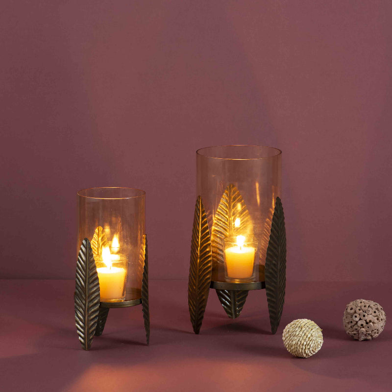 Antique Brass Iron Candle Stand With Leaf Motif (Set Of 2)