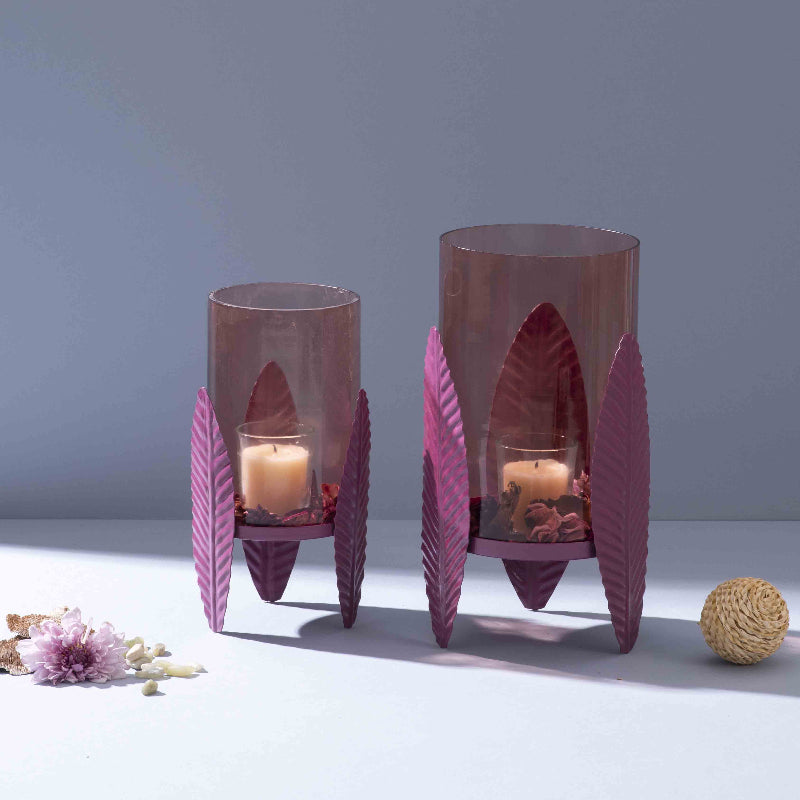 Heather-Toned Iron Candle Stand With Leaf Motif (Set Of 2)