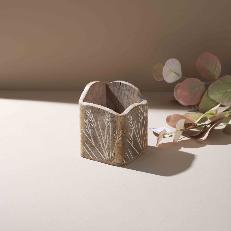 Rustic Leaf-Engraved Wooden Spoon Holder