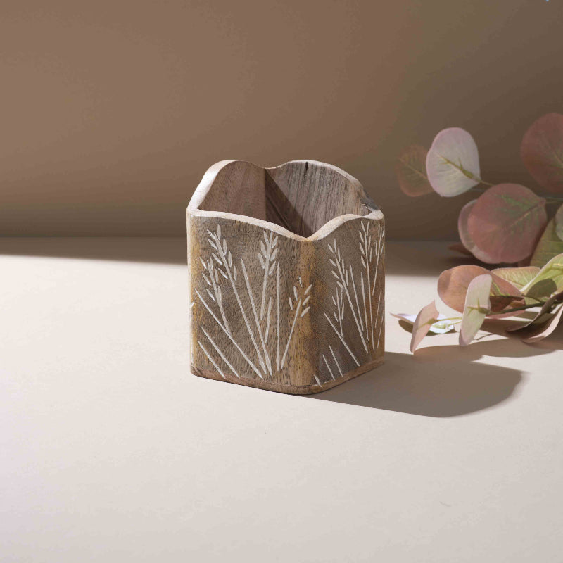 Rustic Leaf-Engraved Wooden Spoon Holder