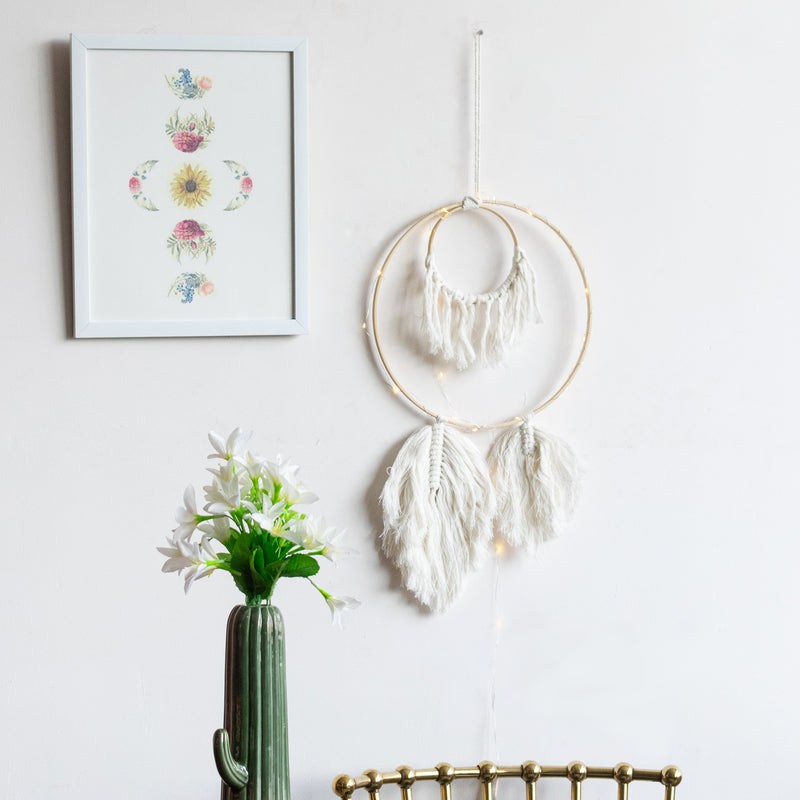 Decorative Round Macrame Handmade Wall Hanging With Lights Macrame June Trading