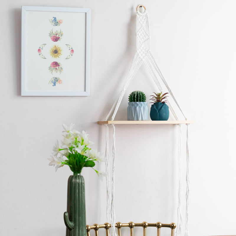 Pine Wood Macrame Wall Hanging Shelf With Fairy Lights Macrame June Trading