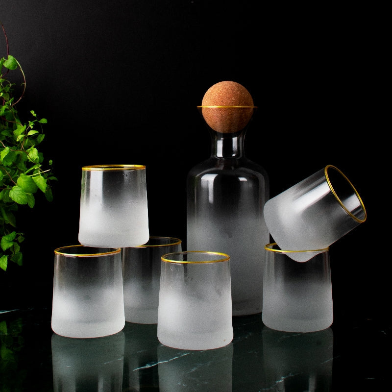 Luxe Revelry Decanter Frosted Glass Set Glasses June Trading