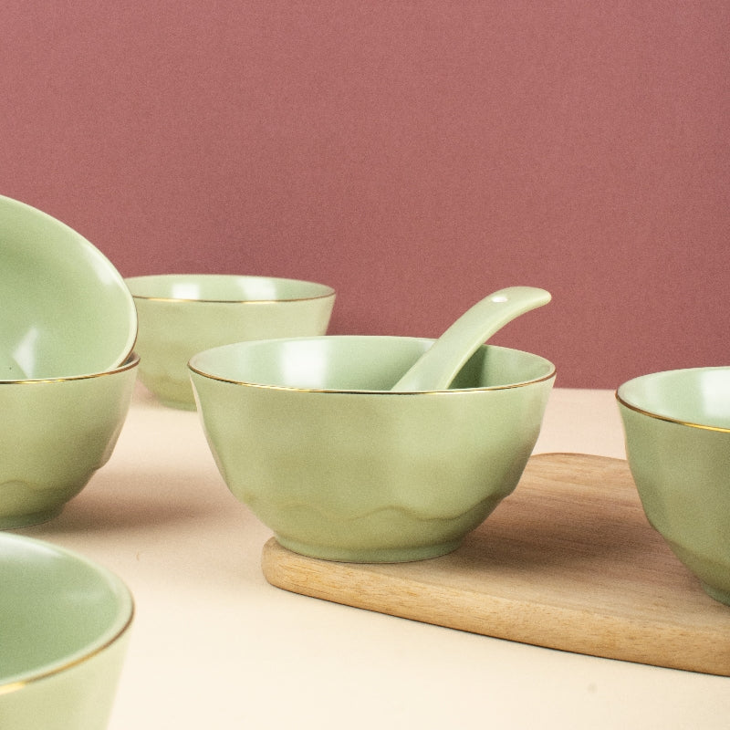 Merak Gold Rim Soup Bowl | Fern Green Bowls The June Shop