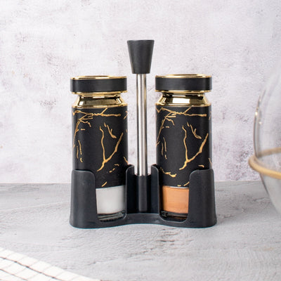 Black Elegante Salt & Pepper Shaker Set & Stand Seasoning Containers The June Shop   