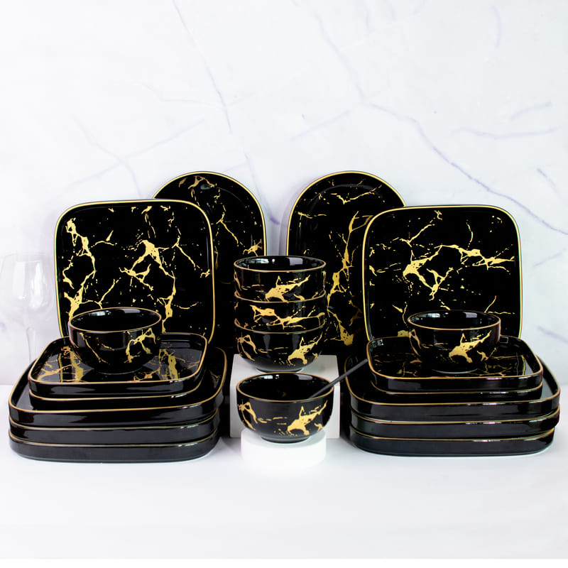 Marble Square Melamine Dinner Plates Gold On Black Marble Square 20 Pieces Dinnerware