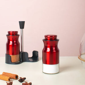 Royal Red Salt & Pepper Shaker Set & Stand Seasoning Containers The June Shop