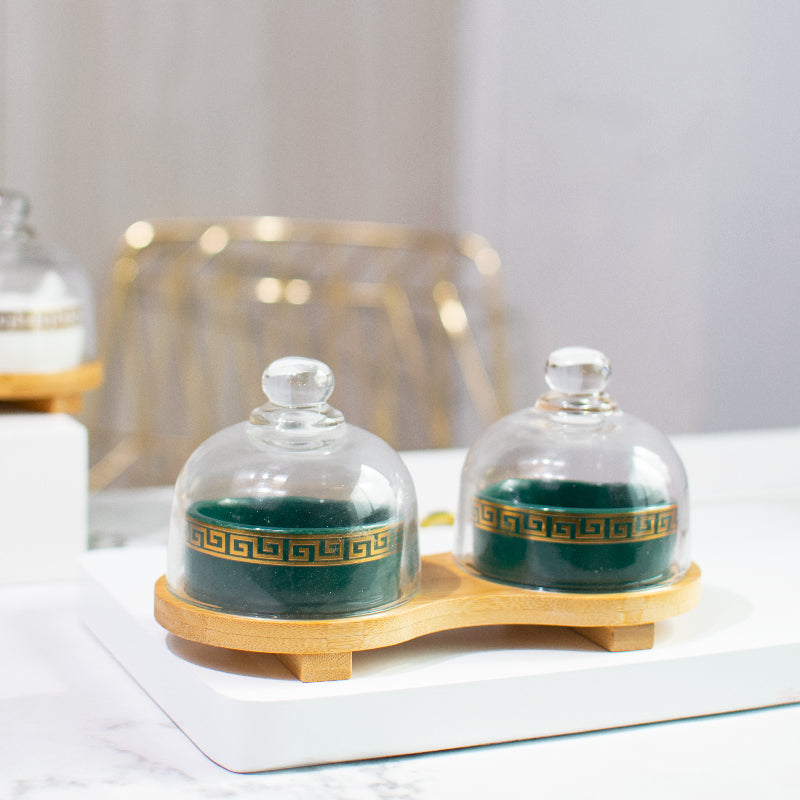 Round Ceramic Bowl With Glass Lid (Set of 2) Serving Platters June Trading Emerald Green