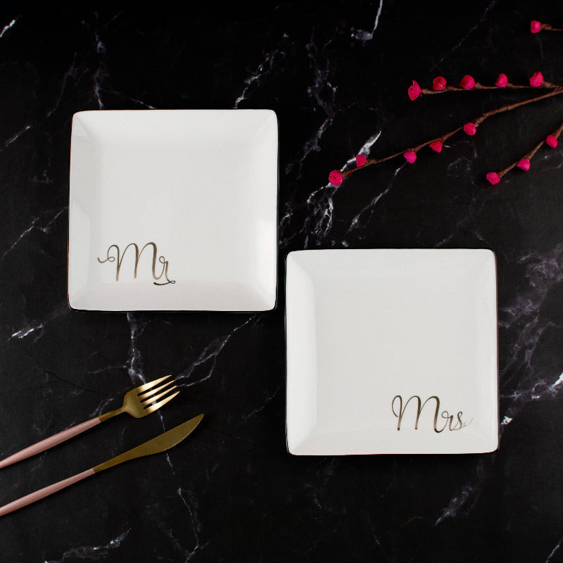 Mr. & Mrs. Ceramic Square Starter Plate Starter Plates June Trading