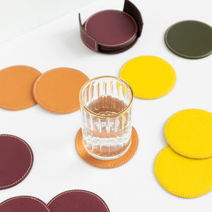 Set of 6 Leather Coasters With Holder Coasters June Trading