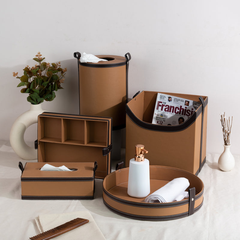 Caramel Brown Vegan Leather Storage Home Organizers Desk Organisers June Trading Complete Set Of 5