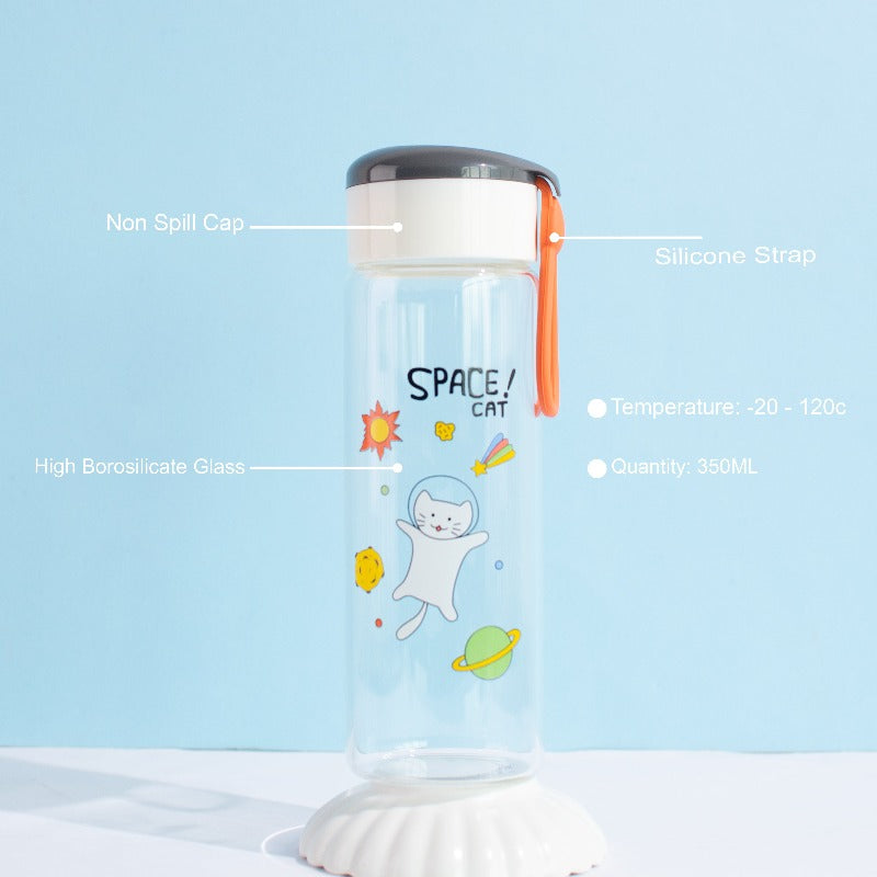 Playful Space Cat Transparent Glass Water Bottle Bottles June Trading