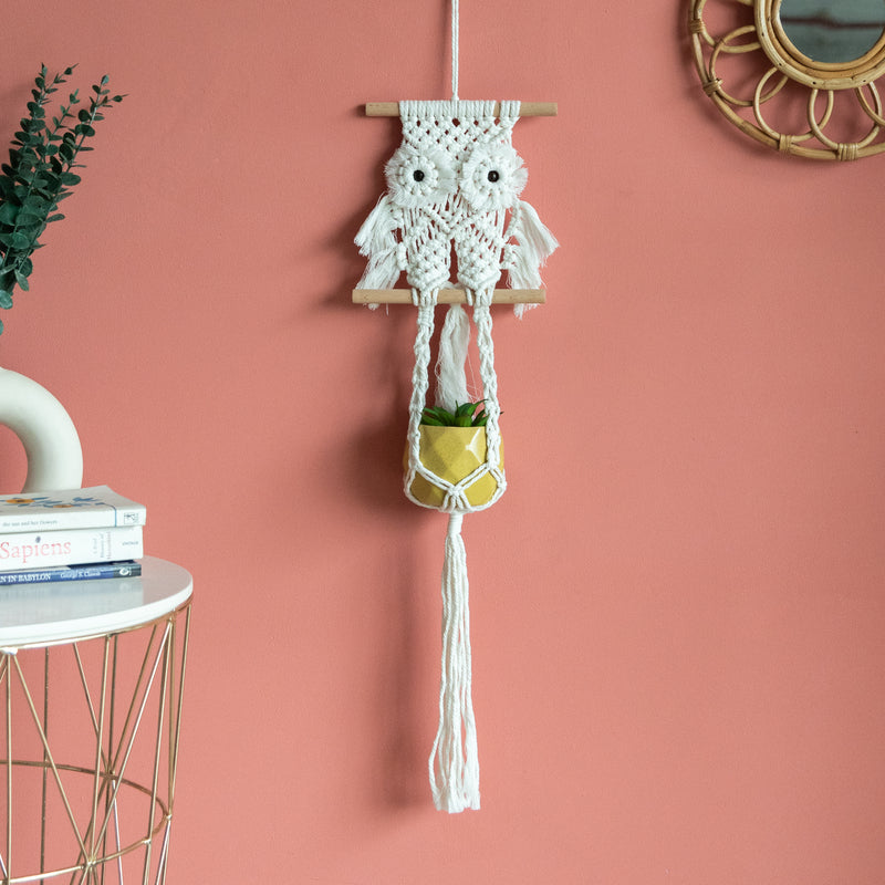 Decorative Owl Macrame Handmade Wall Hanging With Fairy Lights (Planter not included) Macrame June Trading