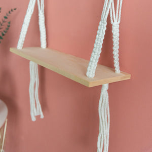 Beads & Pine Wood Macramé Wall Hanging Shelf With String Lights Macrame Shelf June Trading