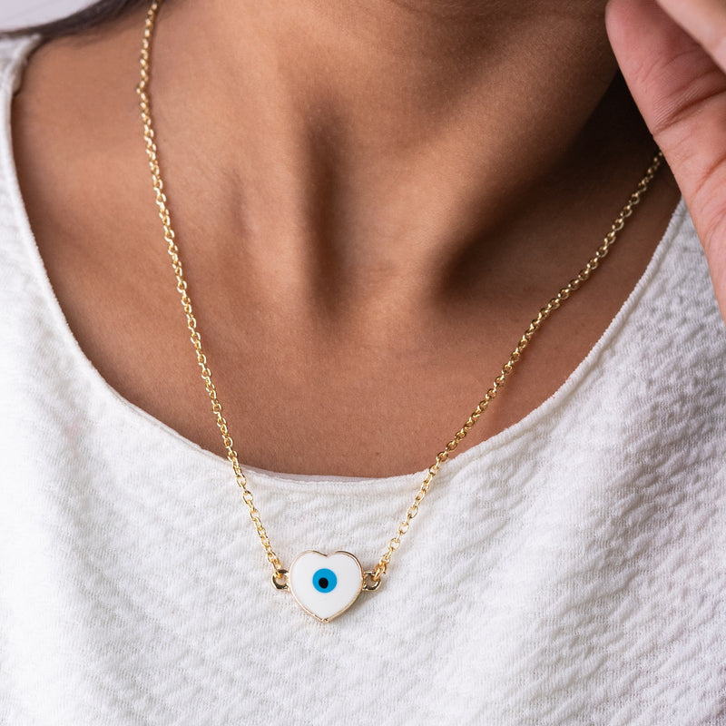 White Heart Evil Eye Pendant - Necklace Necklace June Trading