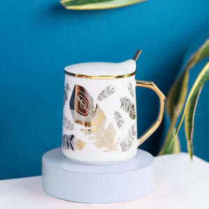 Ornate Accent Mug With Lid & Spoon Coffee Mugs June Trading Artistic Feather White