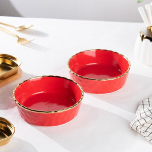 Hammered Textured Gold Rim Salad Bowl (Set of 2) Pasta Bowl June Trading Crimson Red