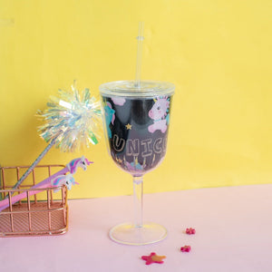 Unicorn Wine Glass with Straw Sippers June Trading Shimmer Black