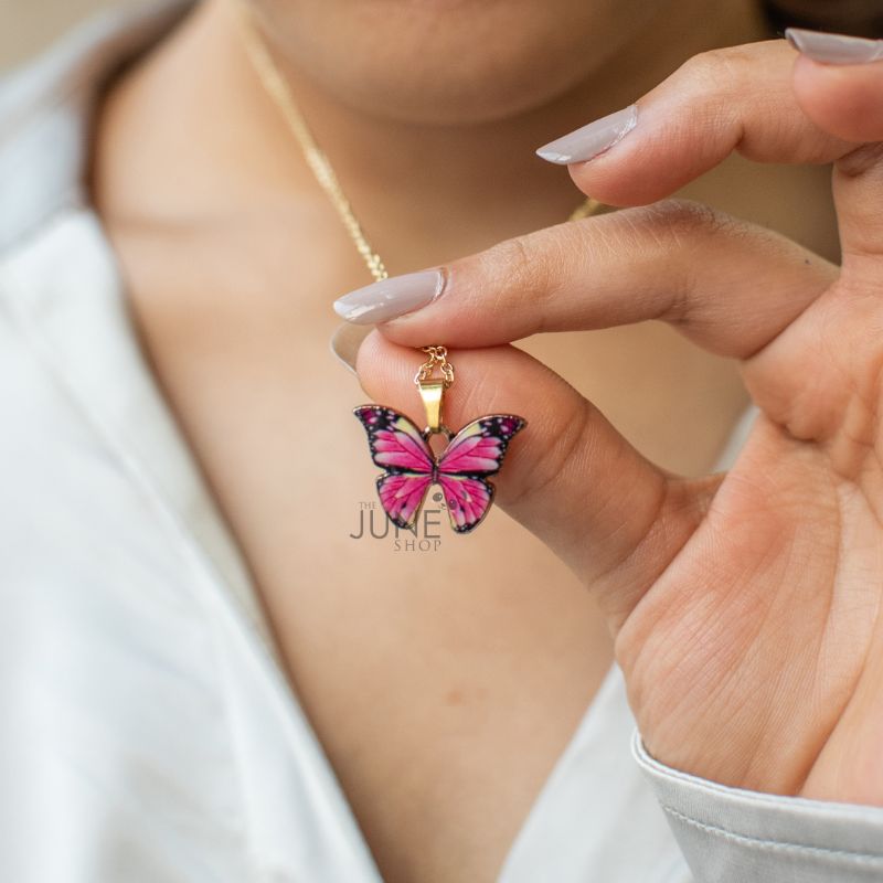 Pretty Pink Butterfly Pendant - Necklace Necklace June Trading