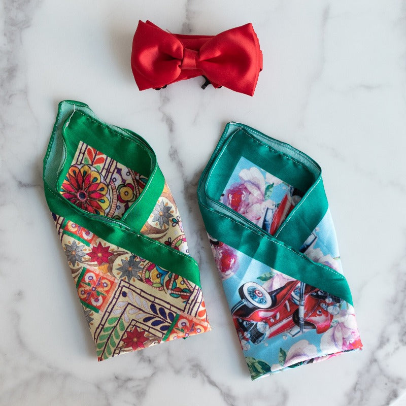 Vintage Car and Mandala Print - Pocket Squares (Set of 2) Pocket Squares June Trading
