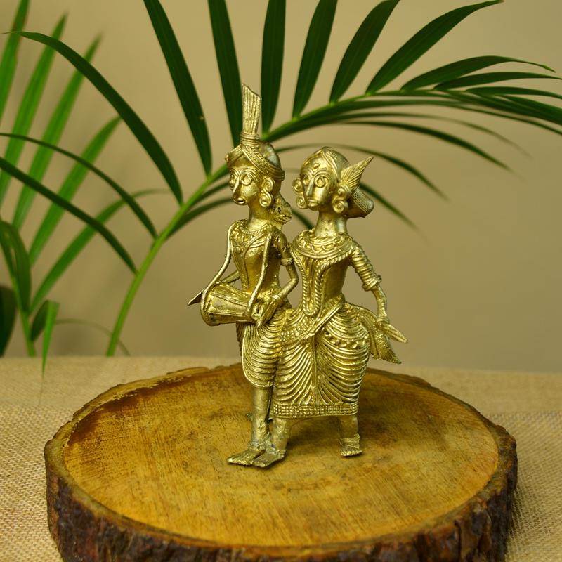 Artisanal Brass Dhokra Sculpture: Tribal Couple With Dhol