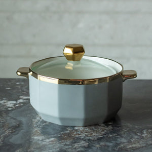 Gold Rimmed Ceramic Casserole with Lid Casserole June Trading Smoke Grey