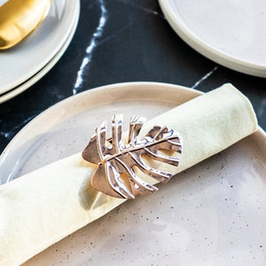 Monstera Leaf Rose Gold Napkin Rings (Set of 6) Napkin Rings June Trading