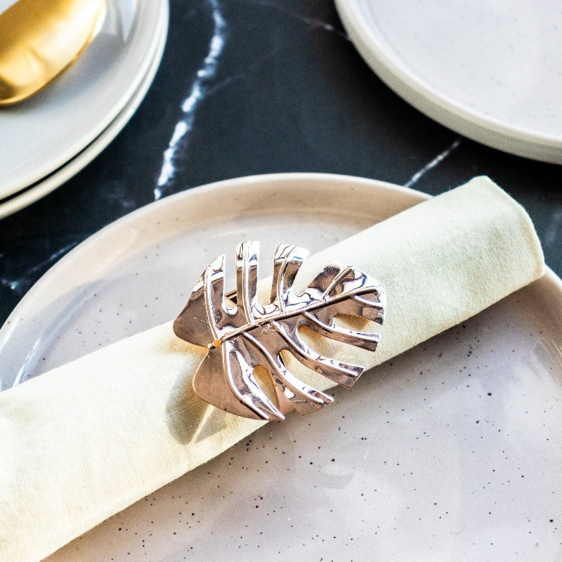 Monstera Leaf Rose Gold Napkin Rings (Set of 6) Napkin Rings June Trading