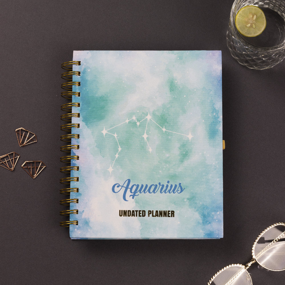 Undated Yearly Planner - Aquarius (2023 Collection) + Ultimate Sticker Book Undated Planners June Trading