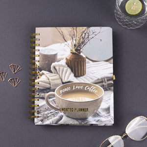 Undated Yearly Planner - Peace Love Coffee (2023 Collection) + Ultimate Sticker Book Undated Planners June Trading
