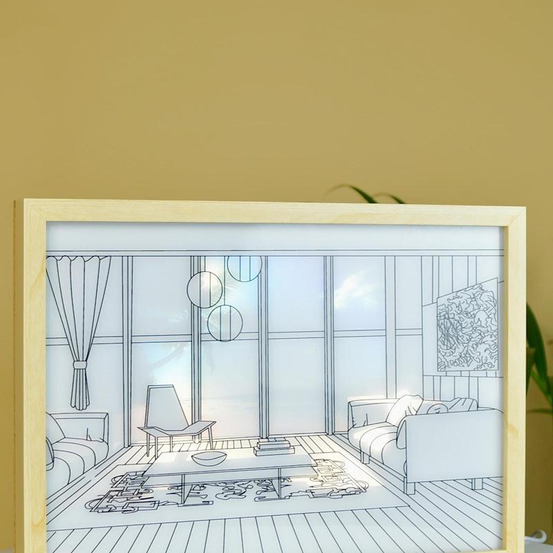 Sowpeace Illuminated Hall Room Frame – LED Landscape Photo Frame with Sofas, Carpet & Balcony for Chic Home Decor