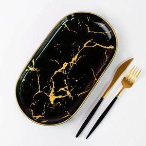 Gold On Black Marble Round Snack Platter Serving Tray June Trading