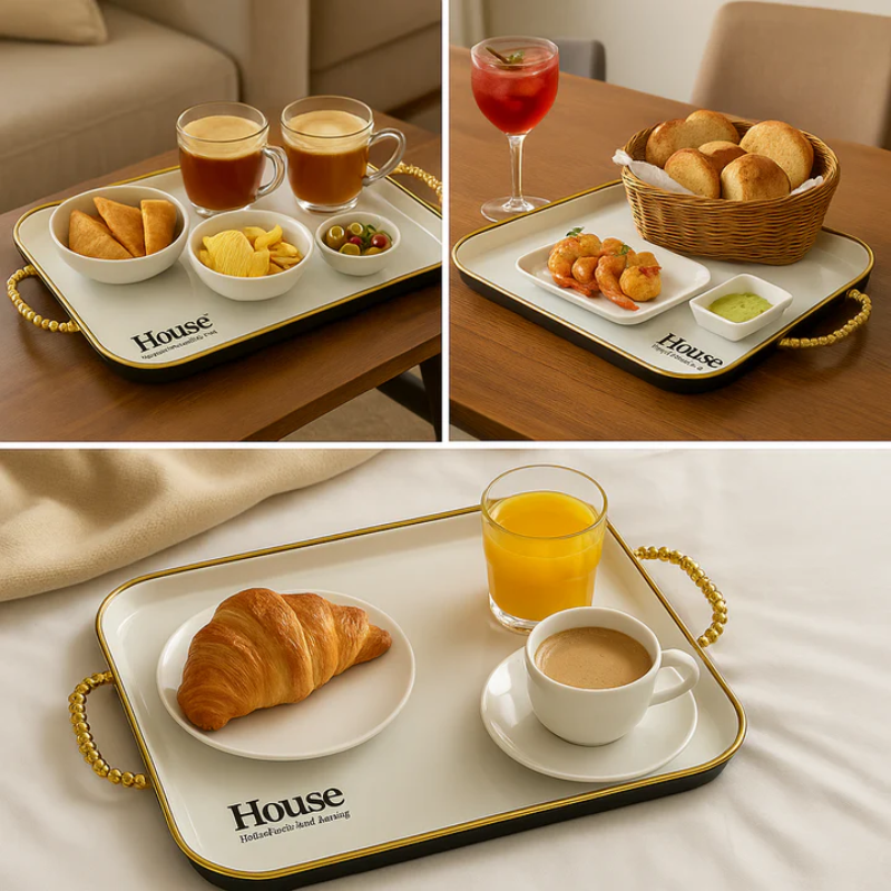 Set Of 3 White & Gold Rectangular Serving Tray