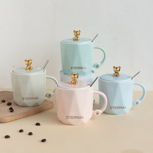 Cute Teddy Coffee Cup With Lid & Spoon Coffee Mugs June Trading