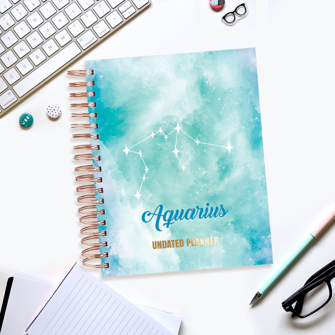 Undated Yearly Planner - Aquarius (2023 Collection) + Ultimate Sticker Book Undated Planners June Trading