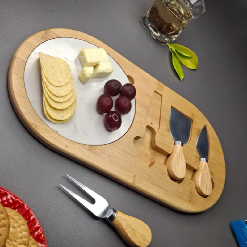Wooden Cheese Platter Set With Marble Board And Cheese Cutlery Style 2