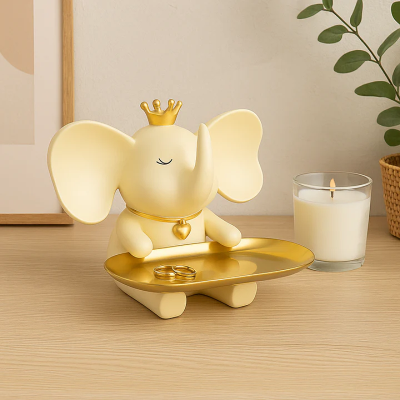 Resin Elephant Decor With Golden Crown & Tray