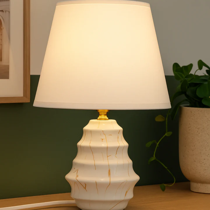 Elegant White Ceramic Table Lamp With Gold Veins & Linen Shade