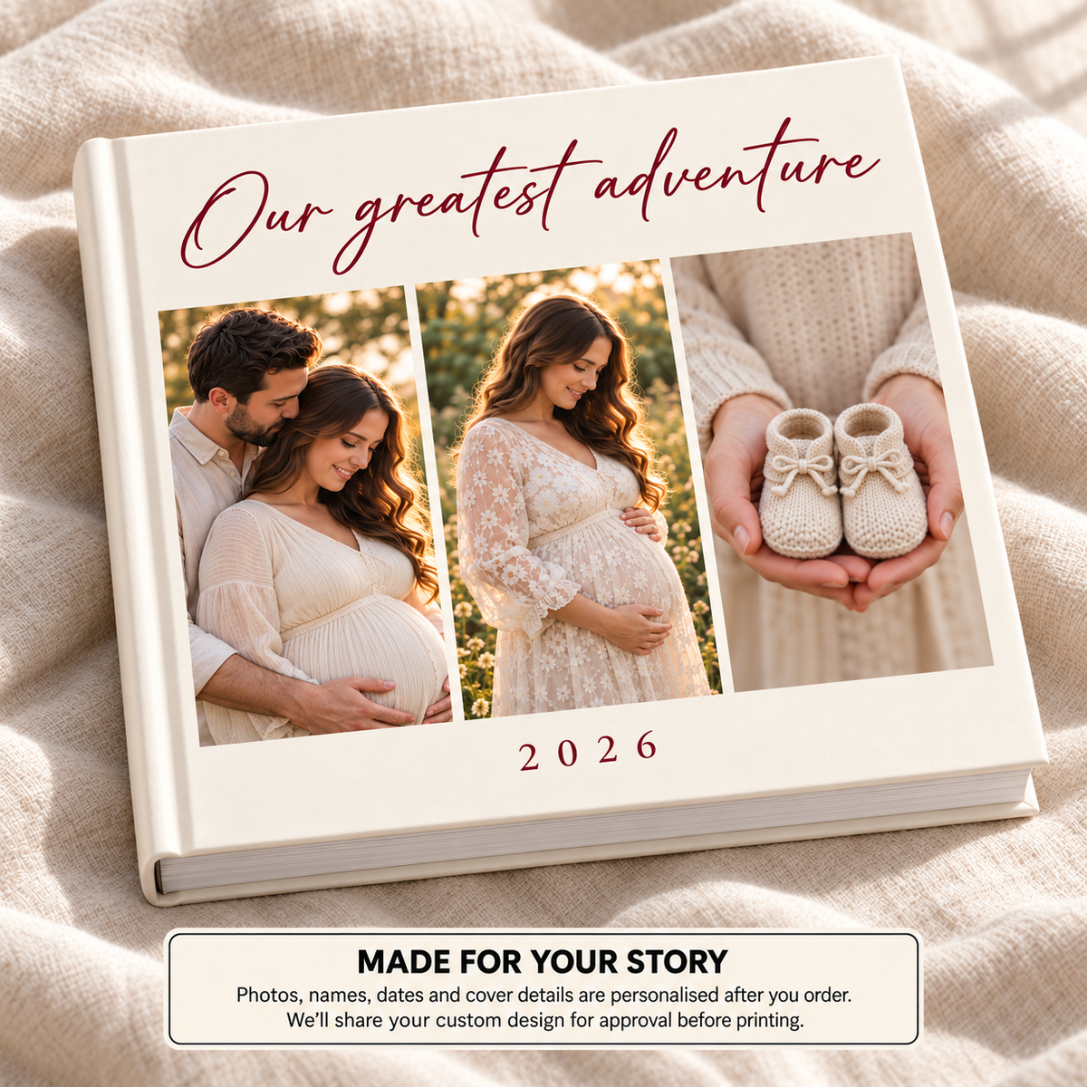 Our Greatest Adventure — personalised pregnancy & baby photo book cover